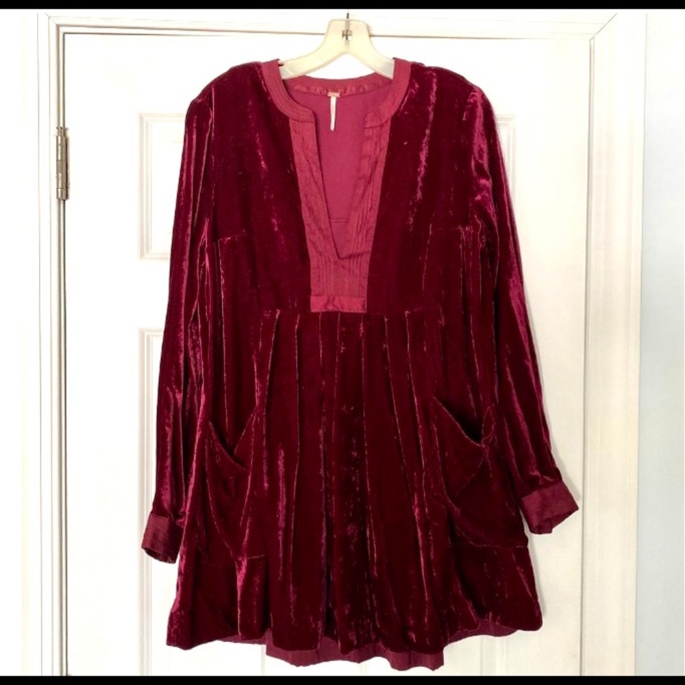 Free People Sz S Choose Me velvet tunic/mini dress boho burgundy v neck glam
